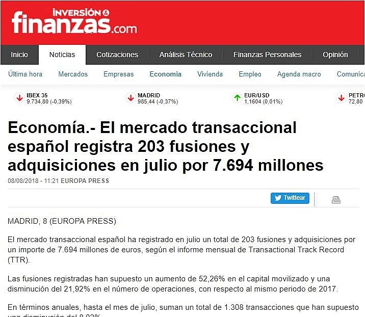 El mercado transaccional espaol registra 203 fusiones y adquisiciones en julio por 7.694 millones